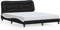 Bed Frame Black and White 61.8'x85.8'x29.3' Matte – Modern Platform Bed Frame with Faux Leather Upholstered Headboard for Adult Couples Bedroom Furniture
