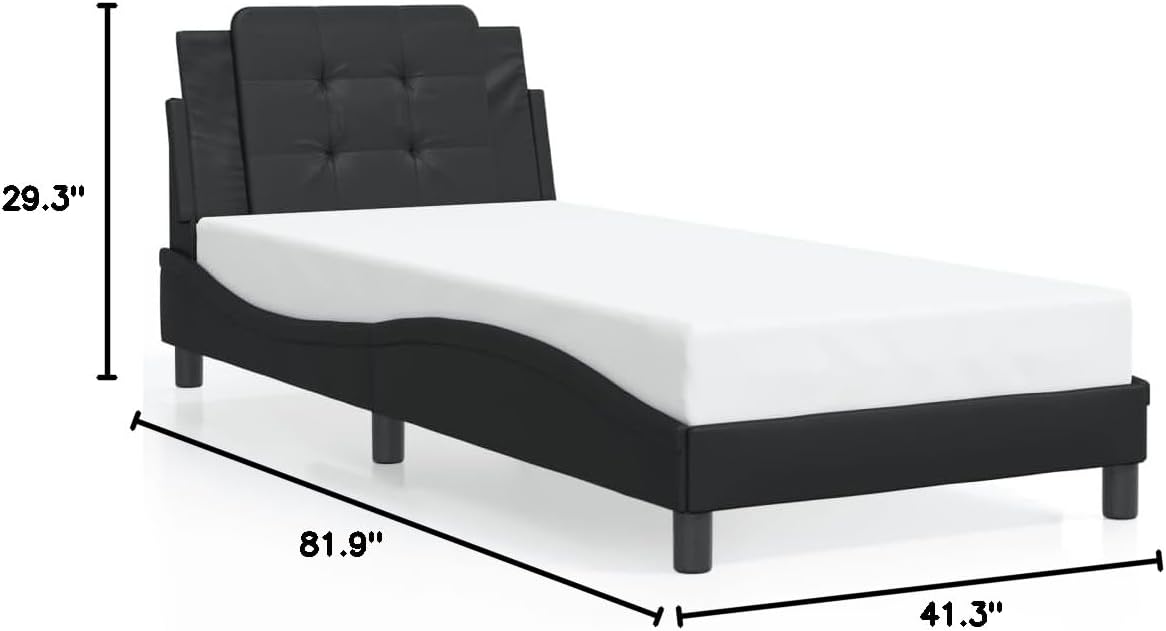 Black Faux Leather Single Bed Frame with Headboard, Durable Pine Wood Construction for Modern Bedroom, 39.4 x 74.8 Inch Mattress Size, Space-Saving Design, Easy Maintenance,