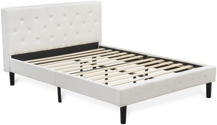 East West Furniture NL19Q-1VL0C 2 Piece Modern Bedroom Set - Button Tufted Modern Bed - Linen white Velvet Fabric Upholstered Headboard and a Wire Brushed Butter Cream Finish Nightstand
