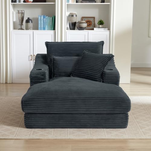 47.2' Oversized Chaise Lounge Chair Indoor, Corduroy Boneless Chaise Lounge with 2 Pillows, Comfy Reading Chair with Ottoman, Black Sleeper Chairs for Adults Living Room Bedroom (Dark Grey 47.2)