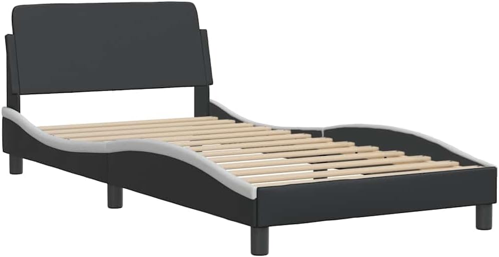 Modern Curved Twin Bed Frame in Black and White, Stylish and Contemporary Design with Waved Look for Various Decor Styles, Durable Faux Leather and Engineered Wood