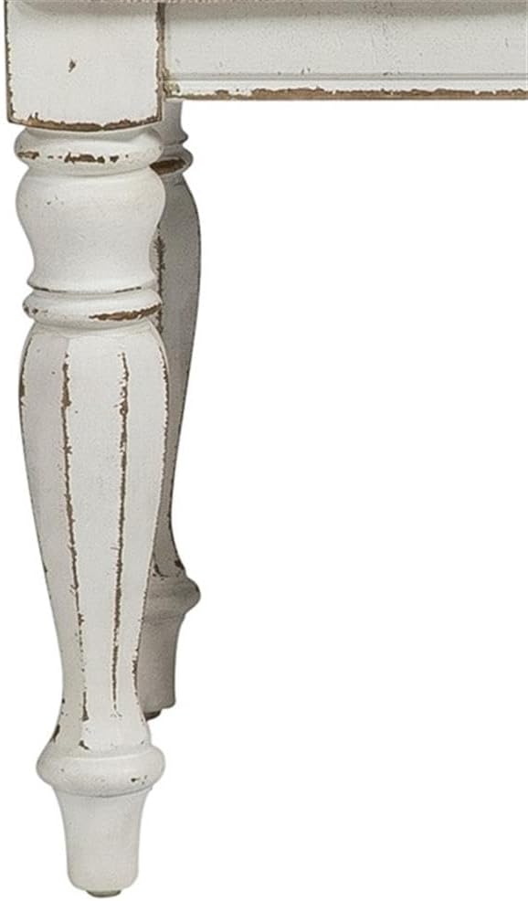 Pemberly Row Contemporary Magnolia Manor 3-Piece Vanity Set, Antique White and Weathered Brown Finish, Ivory Tweed Chenille Upholstered Stool, Trifold Mirror, Bedroom Furniture