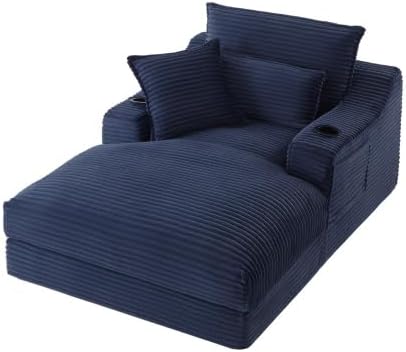 HRVEOCEI 47.2' Oversized Chaise Lounge Chair Indoor, Corduroy Boneless Chaise Lounge with 2 Pillows, Comfy Reading Chair with Ottoman, Black Sleeper Chairs for Adults Living Room Bedroom (Blue 47.2)