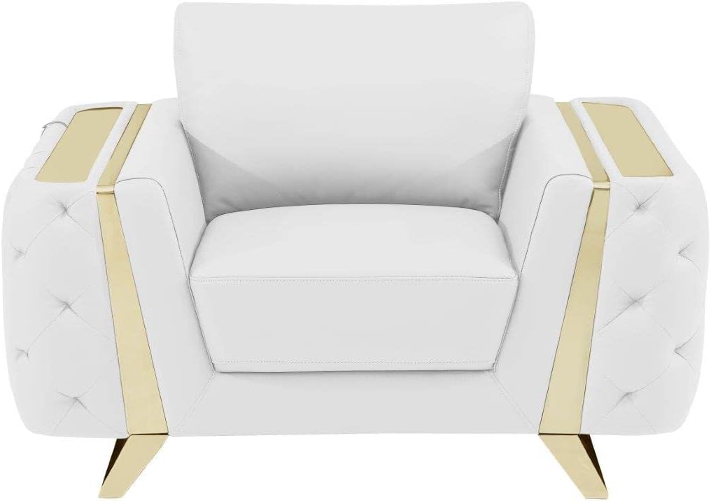 Blackjack Furniture Reggio Collection Full Grain Italian Leather Sofas for Living Room with Brazilian Wood Frame and Stainless Steel Legs, 3-Piece Set, Sofa, Loveseat, and Chair, White