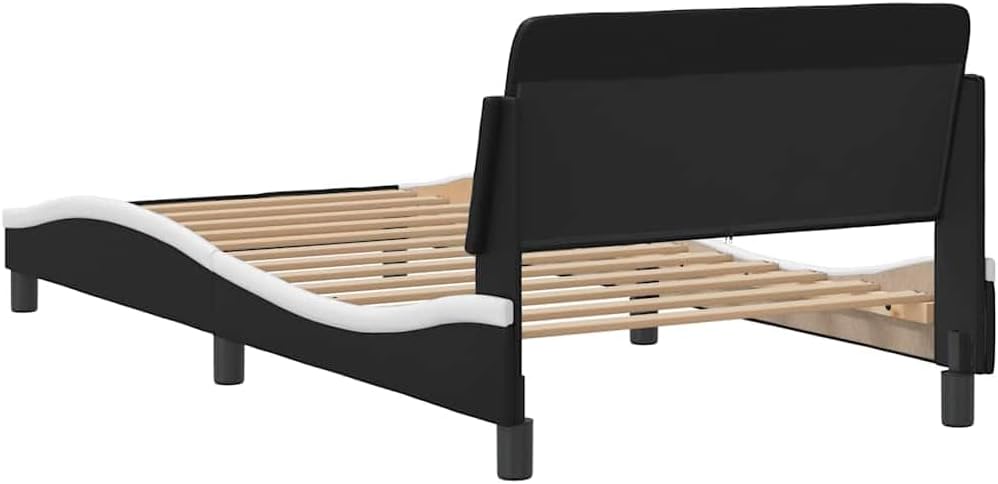 Twin Bed Frame with Storage, Modern Black and White Faux Leather Platform Bed, Solid Plywood and Metal Construction for Adults, Spacious Design, Sturdy and Durable, Easy