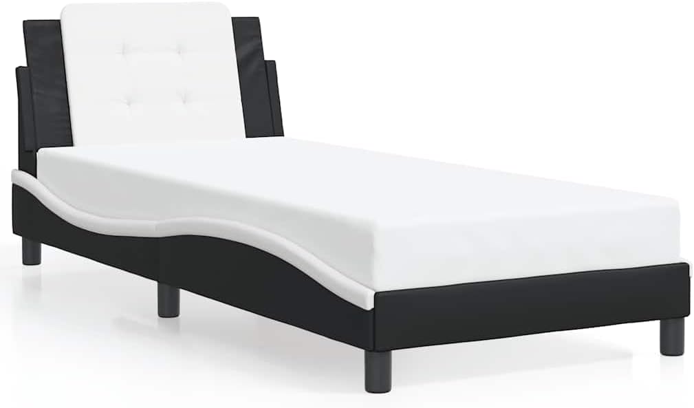 Modern Faux Leather Bed Frame in Black and White, Cushioned Headboard for Comfort, Sturdy Construction for Stability, Space Efficient Design, Easy Maintenance with Damp