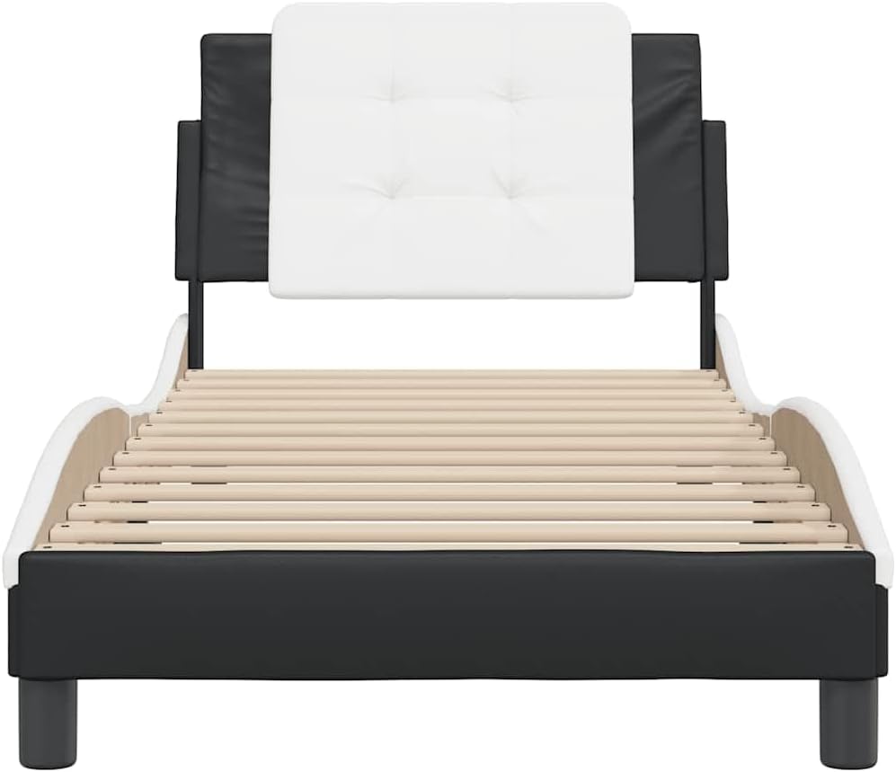 Modern Faux Leather Bed Frame in Black and White, Cushioned Headboard for Comfort, Sturdy Construction for Stability, Space Efficient Design, Easy Maintenance with Damp