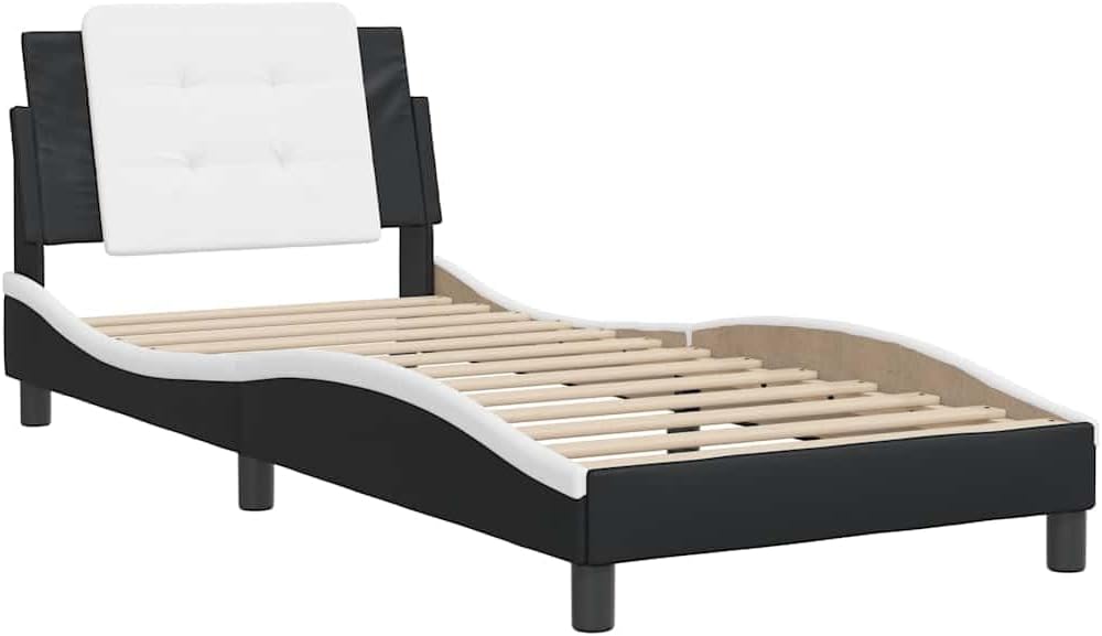 Black and White Bed Frame with Wavy Side Design, Single Sleeper Size 39.4 x 74.8 in, Solid Pine Wood and Faux Leather Construction, Stain-Resistant Surface, Soft Headboard