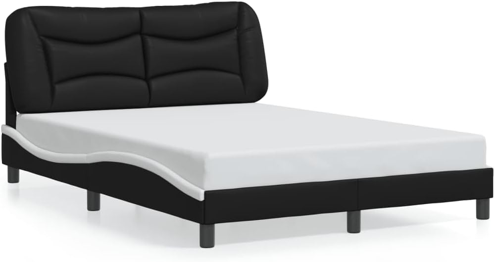 Full Bed Frame Black White 54x82x29 in Modern Faux Leather Platform Bedframe with Padded Headboard for Bedroom Furniture Sets