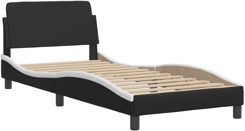 Black and White Bed Frame with Wavy Side Design, Single Size 39.4 x 74.8 Inches, Solid Pine Wood and Faux Leather Construction, Soft Headboard Cushion, Stain-Resistant