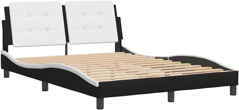 Full Bed Frame Black and White with Wavy Sides and Cushioned Headboard, Modern Design for Adults and Couples, Solid Pine Wood Construction, Stain-Resistant Faux Leather, Easy