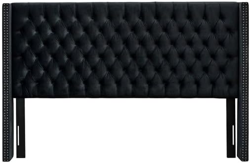 Madison Park Amelia Headboard King Wingback Upholstered - Hand-Tufted Button Detail, Double Nailhead Trim, Foam-Padded Durable Fabric, Adjustable Fit for Classic/Transitional Bedrooms-Black Velvet