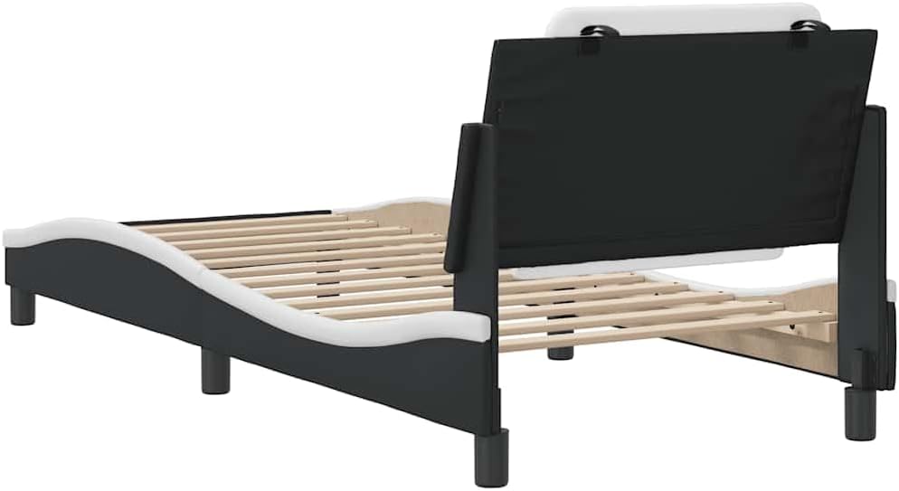 Black and White Bed Frame with Wavy Side Design, Single Size 39.4 x 74.8 Inches, Solid Pine Wood and Faux Leather Construction, Soft Headboard Cushion, Stain-Resistant