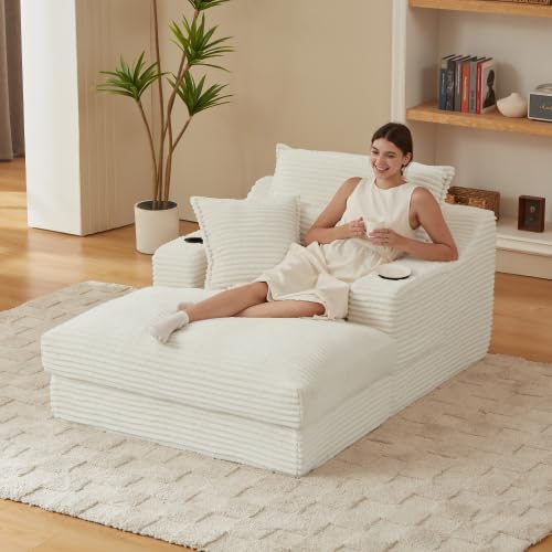 HRVEOCEI 47.2' Oversized Chaise Lounge Chair Indoor, Corduroy Boneless Chaise Lounge with 2 Pillows, Comfy Reading Chair with Ottoman, Black Sleeper Chairs for Adults Living Room Bedroom (White 47.2)