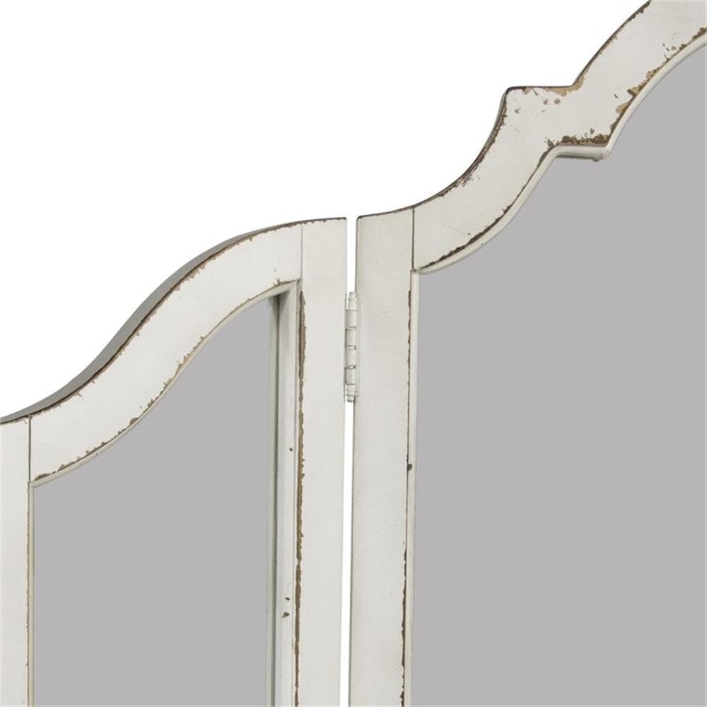 Pemberly Row Contemporary Magnolia Manor 3-Piece Vanity Set, Antique White and Weathered Brown Finish, Ivory Tweed Chenille Upholstered Stool, Trifold Mirror, Bedroom Furniture