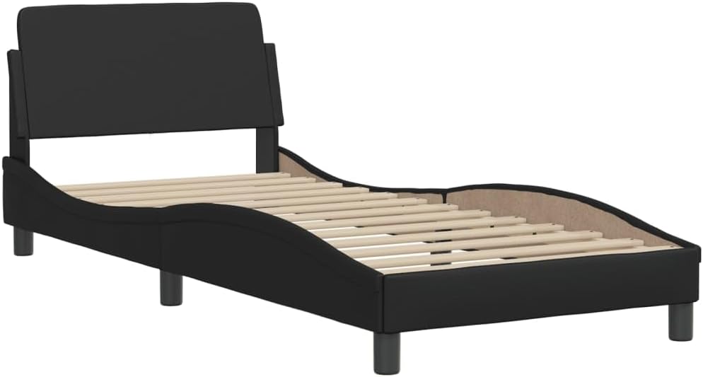 Modern Faux Leather Single Bed Frame Black Durable Sturdy Pine Wood Construction with Cushioned Headboard for Space Saving Design