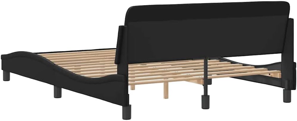 Modern Double Bed Frame with Storage, 4 Pieces Black Faux Leather Upholstered Headboard and Robust Pine Wood Construction for Bedroom