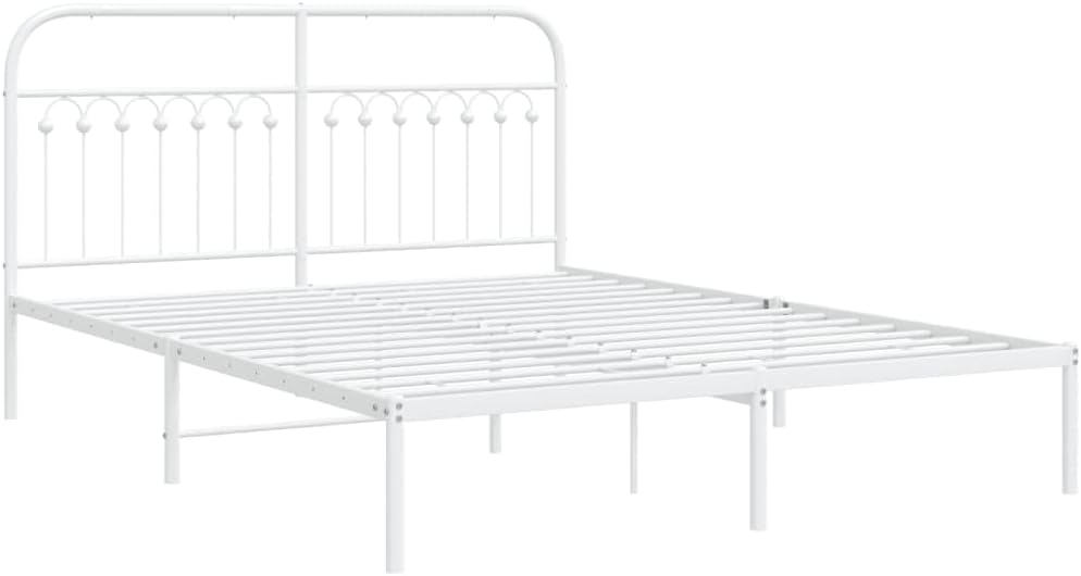 King Size Metal Bed Frame with Headboard, White Powder-Coated Steel Frame, 4 Legs for Enhanced Support, Sturdy Construction for Bedroom Furniture, Durable and Stable Design