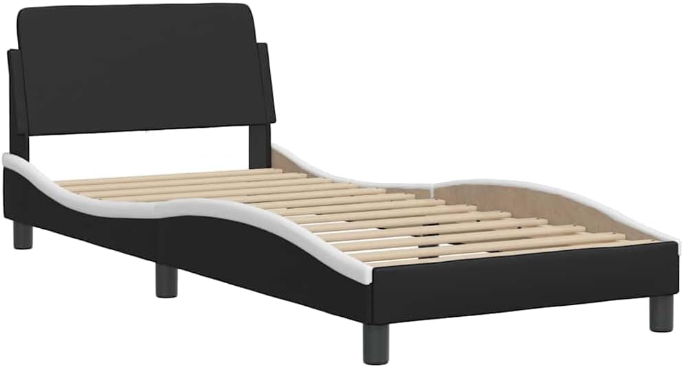 Black and White Bed Frame with Wavy Side Design, Single Sleeper Size 39.4 x 74.8 in, Solid Pine Wood and Faux Leather Construction, Stain-Resistant Surface, Soft Headboard