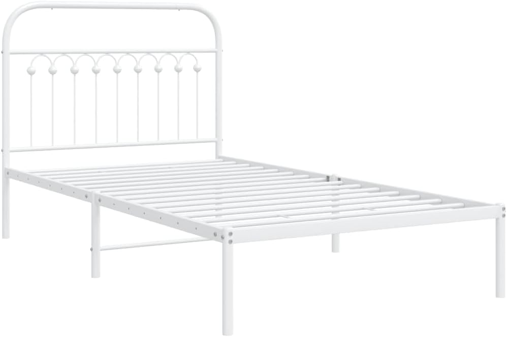 White Steel Bed Frame 39.4 x 78.7 Inches with Headboard, Sturdy Metal Frame for Standard Mattress, Classic Design for Bedroom or Guest Room, Easy Assembly, Rust-Resistant