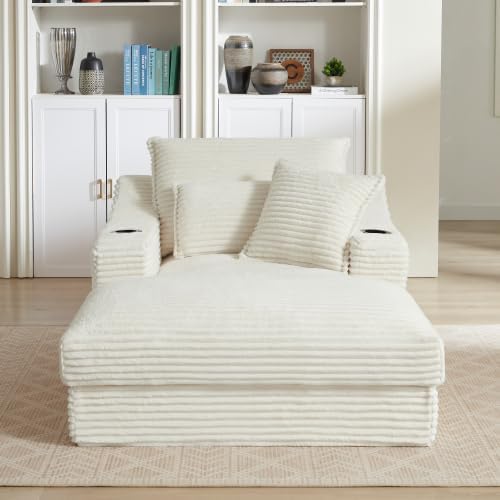 HRVEOCEI 47.2' Oversized Chaise Lounge Chair Indoor, Corduroy Boneless Chaise Lounge with 2 Pillows, Comfy Reading Chair with Ottoman, Black Sleeper Chairs for Adults Living Room Bedroom (White 47.2)