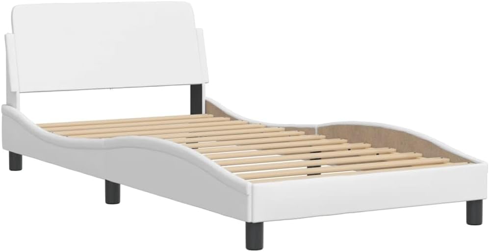 Modern White Faux Leather Bed Frame 41.3 x 81.9 x 29.3 in with Padded Headboard and Under-Bed Storage, Rectangular Platform Bedframe for Bedroom, Easy Assembly