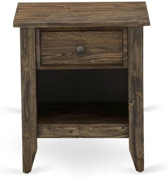 East West Furniture GB25Q-1GA07 2-Piece Granbury Wooden Set for Bedroom with Button Tufted Modern Bed and 1 Distressed Jacobean Night Stand - Dark Brown faux Leather with Black Texture and Black Legs