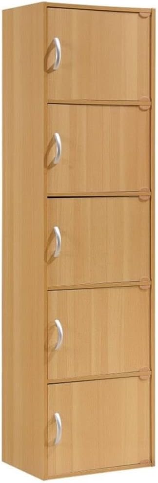 Pemberly Row 5 Shelf 5 Door Bookcase, 59 in H x 15.9 in W x 11.75 in D, Beech Finish, Slim Design Multi-Purpose Storage for Office, Bedroom, Kids Room, Kitchen or Laundry Room Organization