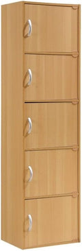 Pemberly Row 5 Shelf 5 Door Bookcase, 59 in H x 15.9 in W x 11.75 in D, Beech Finish, Slim Design Multi-Purpose Storage for Office, Bedroom, Kids Room, Kitchen or Laundry Room Organization