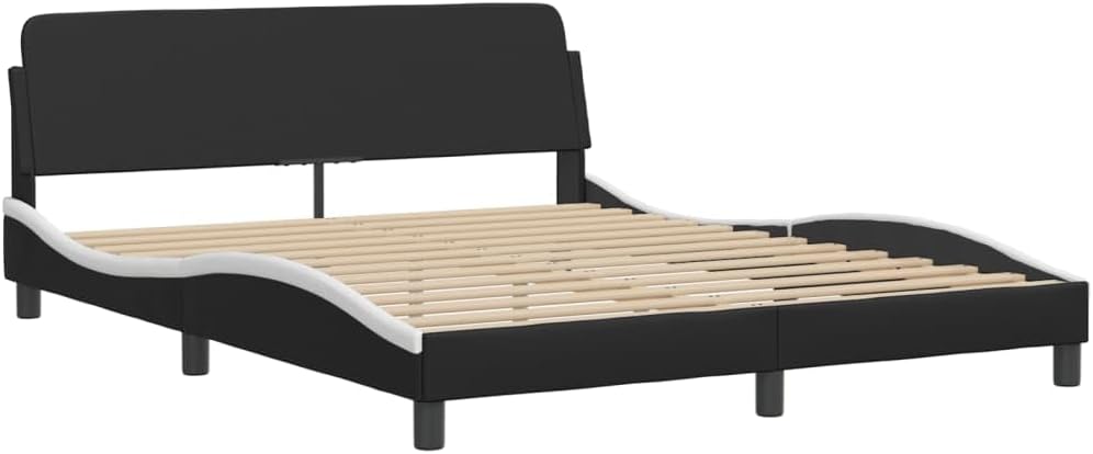 Bed Frame Black and White 61.8'x85.8'x29.3' Matte – Modern Platform Bed Frame with Faux Leather Upholstered Headboard for Adult Couples Bedroom Furniture