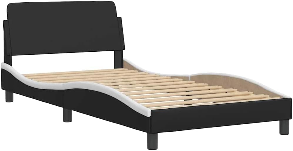 Twin Bed Frame with Storage, Modern Black and White Faux Leather Platform Bed, Solid Plywood and Metal Construction for Adults, Spacious Design, Sturdy and Durable, Easy