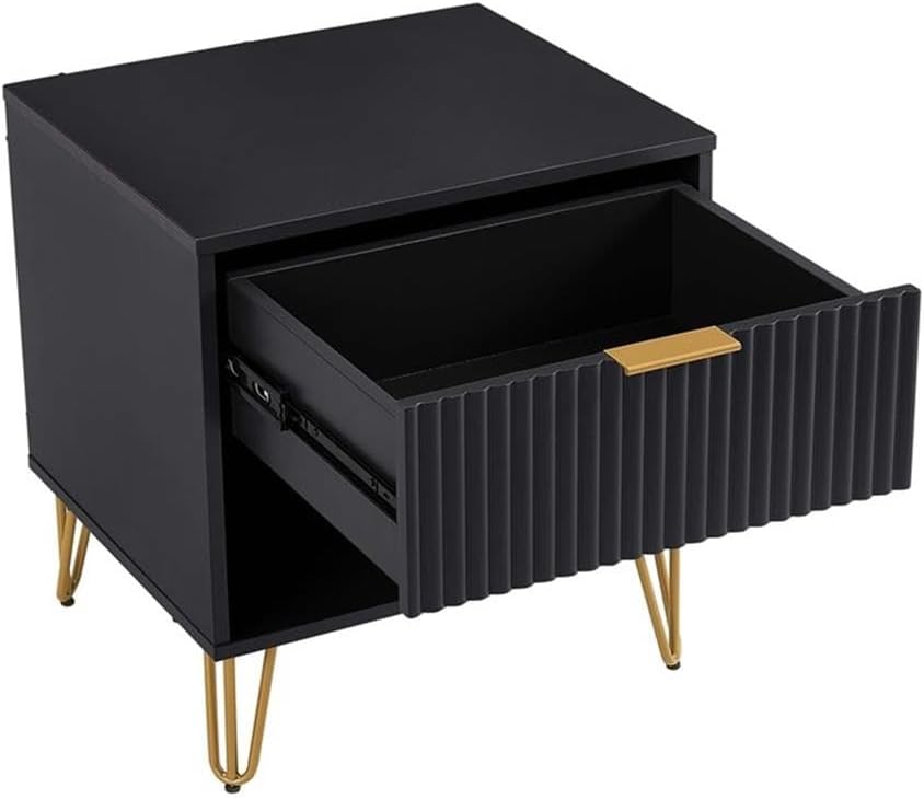 Pemberly Row 2-Piece Bedroom Set, Standard 3-Drawer Dresser and Nightstand, MDF Frame, Black Finish, Textured Ribbed Drawer Fronts, Gold Metal Handles, Splayed Legs, Perfect for Bedroom Storage