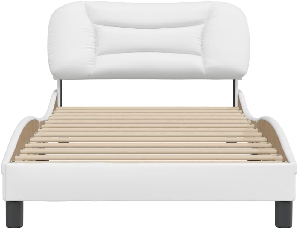 Modern White Faux Leather Bed Frame 41.3 x 81.9 x 29.3 in with Padded Headboard and Under-Bed Storage, Rectangular Platform Bedframe for Bedroom, Easy Assembly