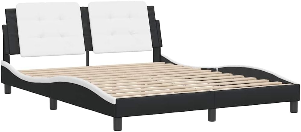 Black and White Faux Leather Full Bed Frame, Durable Modern Platform Bed with Upholstered Headboard, Sturdy Pine Wood Construction for Adult Bedroom, 4 Pieces Set Includes
