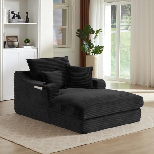 HRVEOCEI 47.2' Oversized Chaise Lounge Chair Indoor, Corduroy Boneless Chaise Lounge with 2 Pillows, Comfy Reading Chair with Ottoman, Black Sleeper Chairs for Adults Living Room Bedroom (Black 47.2)