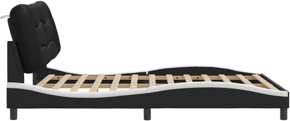 Bed Frame Black and White 61.8'x85.8'x29.3' Matte – Modern Platform Bed Frame with Faux Leather Upholstered Headboard for Adult Couples Bedroom Furniture