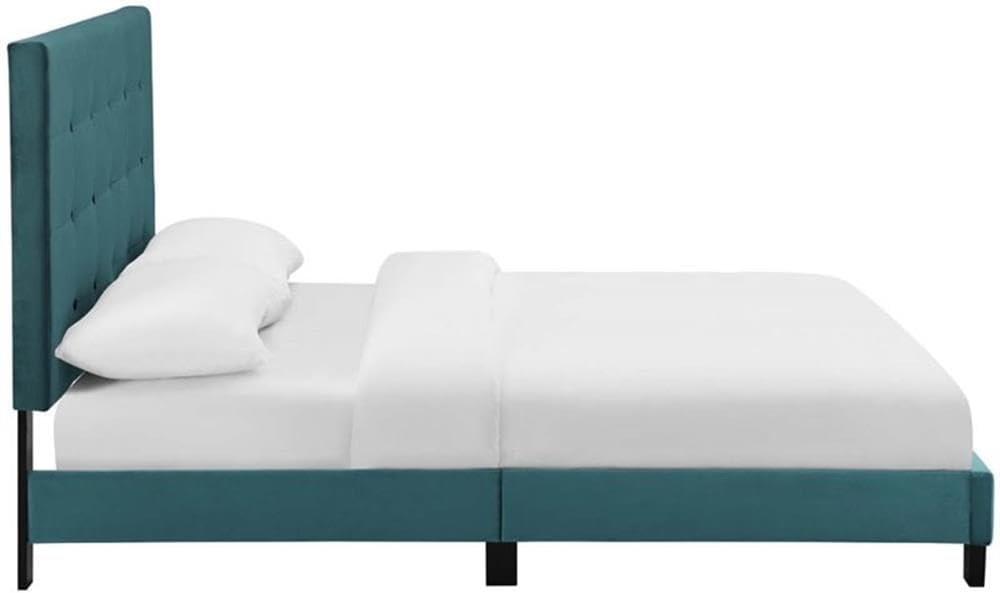 Modway Melanie Performance Velvet Upholstered Tufted Queen Platform Bed in Sea Blue
