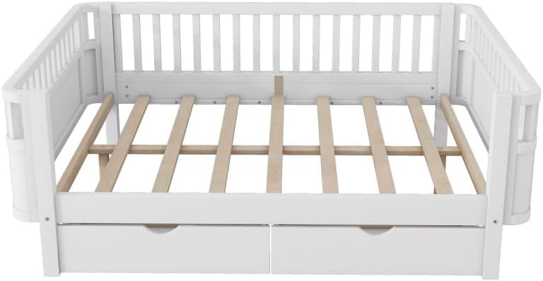 JIJIWANG Full Size Floor Bed with Storage, Montessori Floor Bed with Slats, Detachable Slats for Kids Bedroom, Girls & Boys, No Box Spring Needed, White