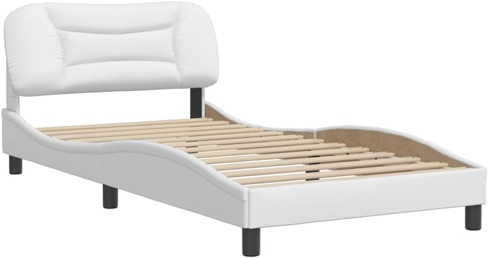 Modern White Faux Leather Bed Frame 41.3 x 81.9 x 29.3 in with Padded Headboard and Under-Bed Storage, Rectangular Platform Bedframe for Bedroom, Easy Assembly