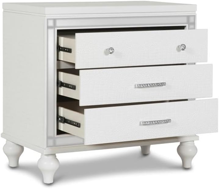 Pemberly Row Contemporary Solid Wood 3-Drawer Nightstand, White Finish, 31.1'' W x 18.11'' D x 29.33'' H, Durable Veneers, Embossed Inlay, Bedroom Storage Furniture