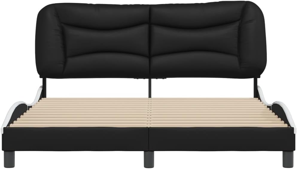Bed Frame Black and White 61.8'x85.8'x29.3' Matte – Modern Platform Bed Frame with Faux Leather Upholstered Headboard for Adult Couples Bedroom Furniture