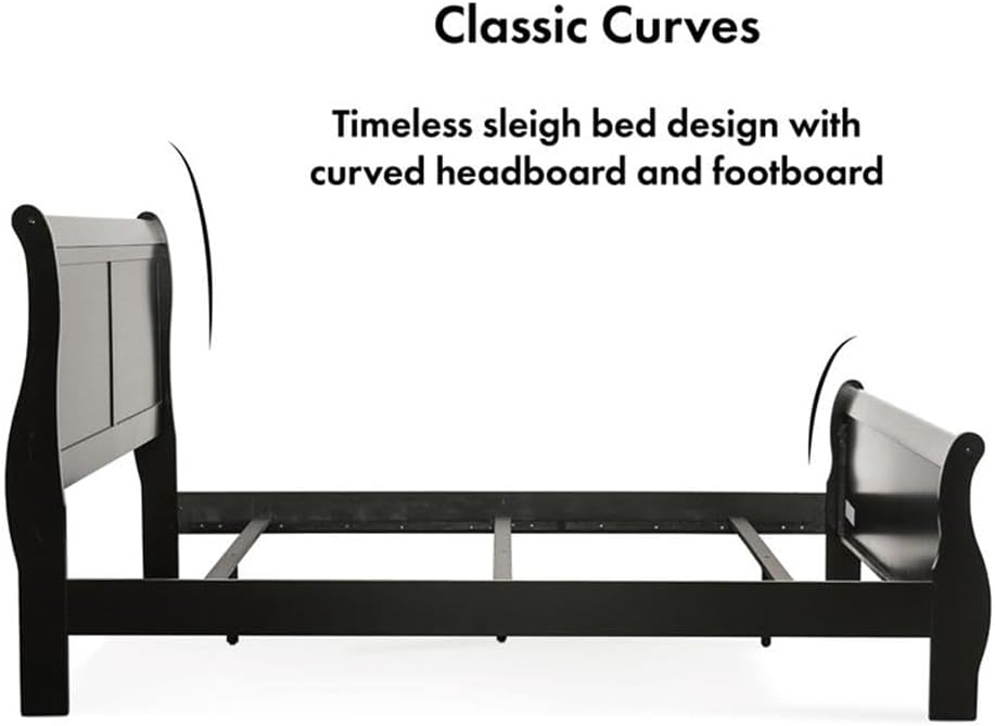 MAKLAINE Modern Transitional Solid Wood Panel Full Bed, Black Finish, Sleigh Design, 83.5' L x 56.25' W x 47.25' H, Curved Headboard and Footboard, Kids Bedroom Furniture, Box Spring Required
