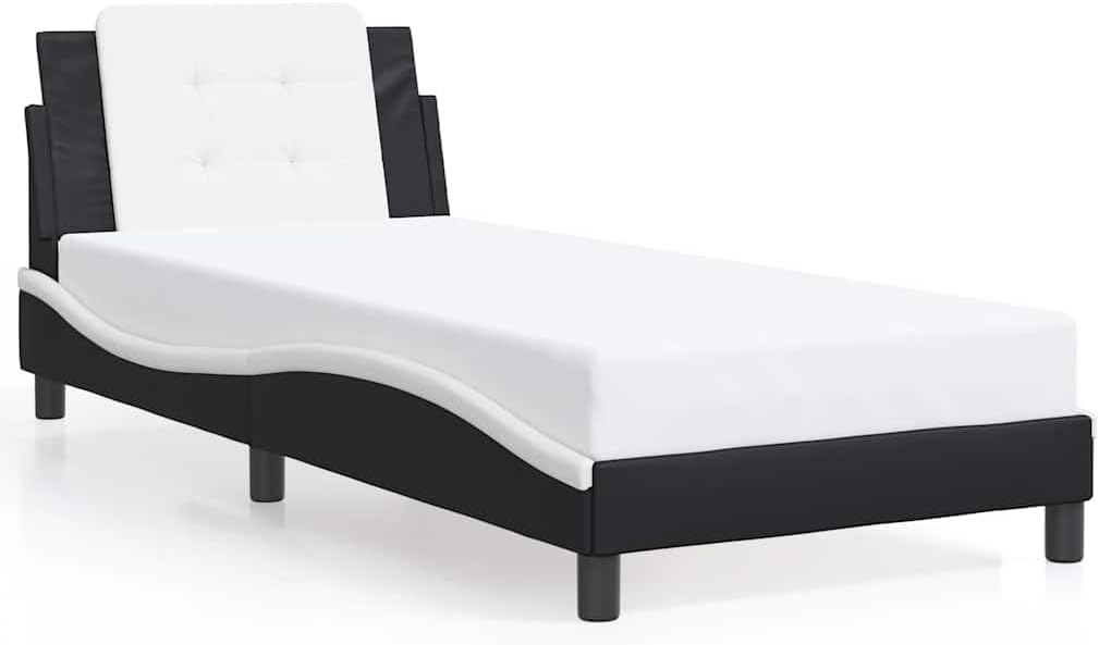 Black and White Bed Frame with Wavy Side Design, Single Sleeper Size 39.4 x 74.8 in, Solid Pine Wood and Faux Leather Construction, Stain-Resistant Surface, Soft Headboard