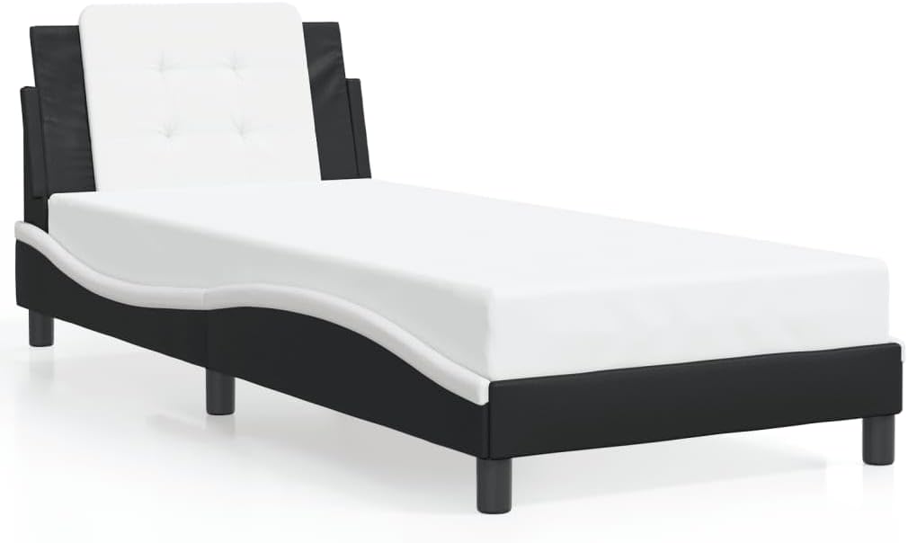 Black and White Bed Frame with Wavy Side Design, Single Size 39.4 x 74.8 Inches, Solid Pine Wood and Faux Leather Construction, Soft Headboard Cushion, Stain-Resistant
