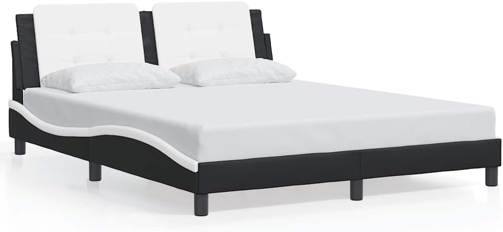 Black and White Faux Leather Full Bed Frame, Durable Modern Platform Bed with Upholstered Headboard, Sturdy Pine Wood Construction for Adult Bedroom, 4 Pieces Set Includes