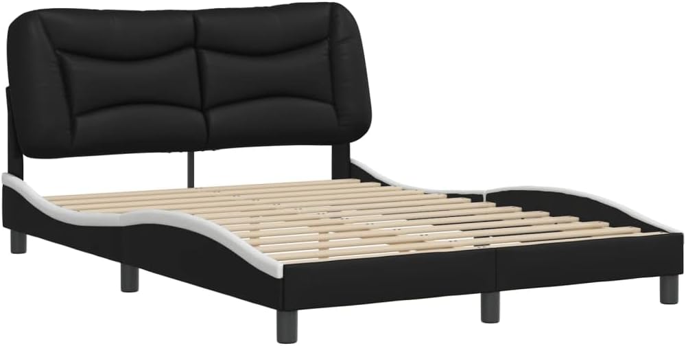 Full Bed Frame Black White 54x82x29 in Modern Faux Leather Platform Bedframe with Padded Headboard for Bedroom Furniture Sets