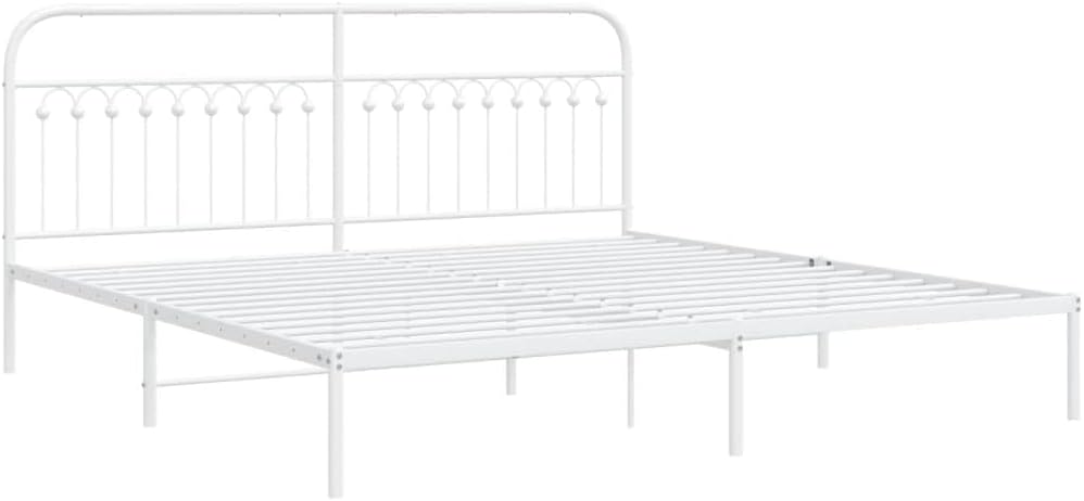 White Steel Full Bed Frame with Headboard, Traditional Rectangular Design, Sturdy Metal Construction and Easy Assembly for Bedroom, Durable Support Structure