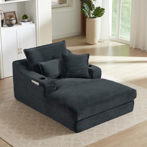 47.2' Oversized Chaise Lounge Chair Indoor, Corduroy Boneless Chaise Lounge with 2 Pillows, Comfy Reading Chair with Ottoman, Black Sleeper Chairs for Adults Living Room Bedroom (Dark Grey 47.2)