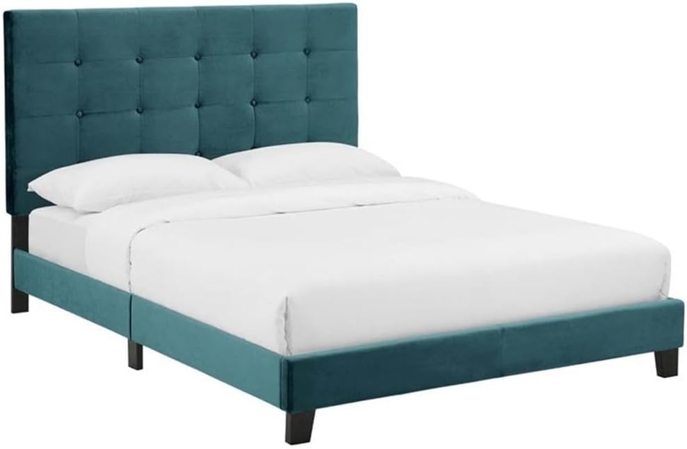 Modway Melanie Performance Velvet Upholstered Tufted Queen Platform Bed in Sea Blue