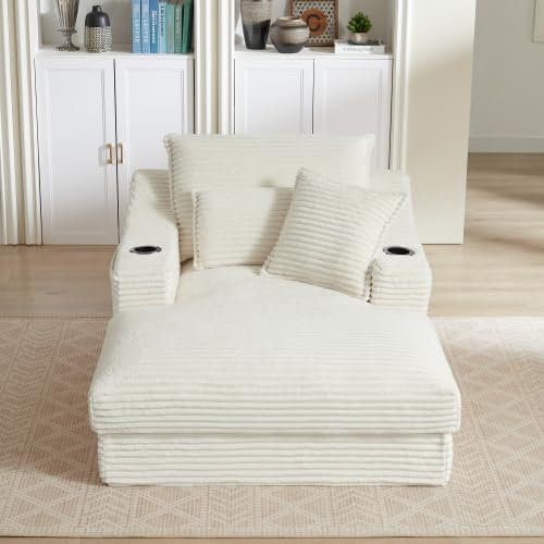 HRVEOCEI 47.2' Oversized Chaise Lounge Chair Indoor, Corduroy Boneless Chaise Lounge with 2 Pillows, Comfy Reading Chair with Ottoman, Black Sleeper Chairs for Adults Living Room Bedroom (White 47.2)